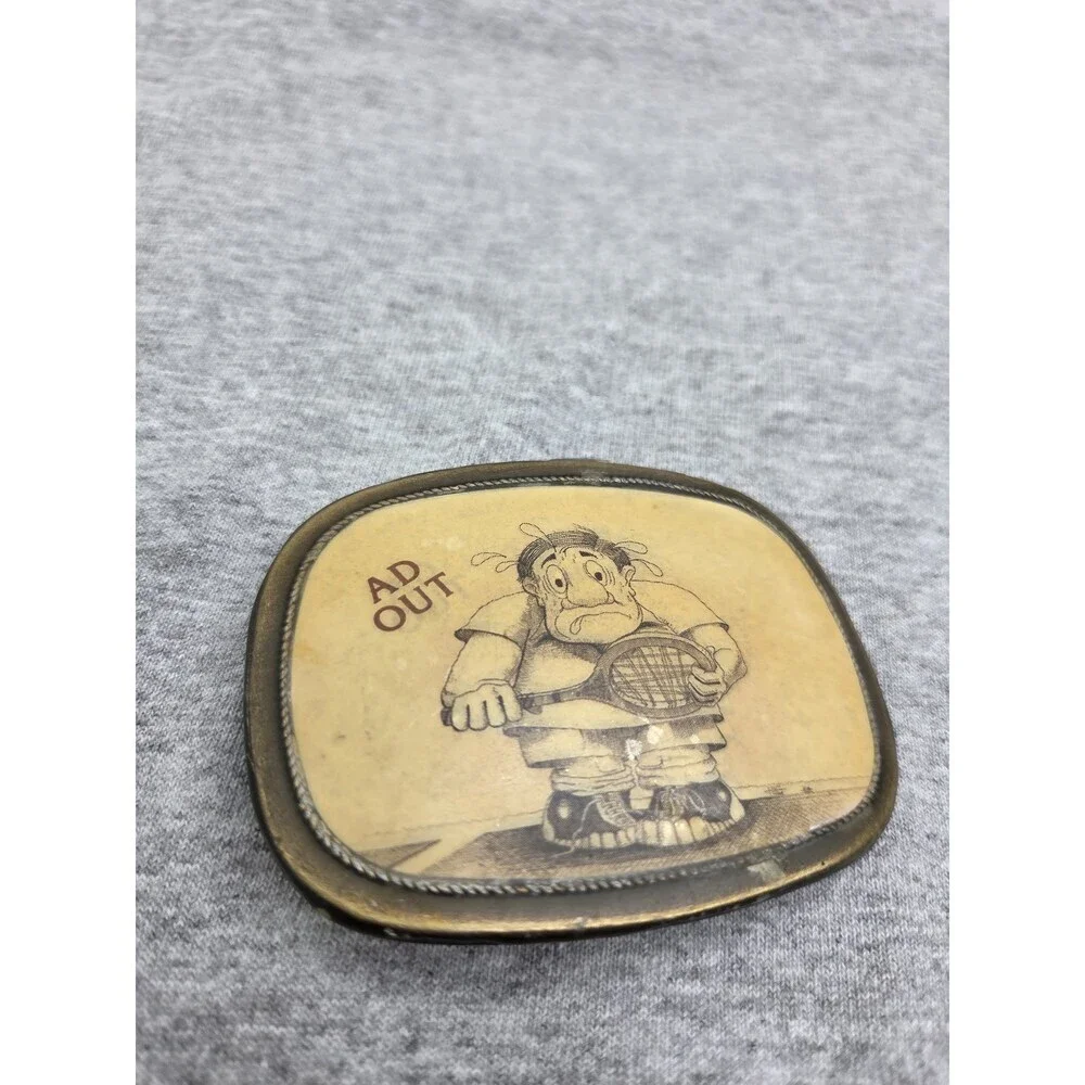 Vintage Ad Out Tennis Player Sports Racquet Belt Buckle